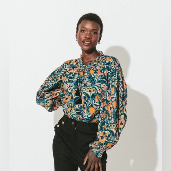 Cleobella Kaitlyn Floral Print Button Front Tassels Organic Cotton Blouse Small - Picture 3 of 16